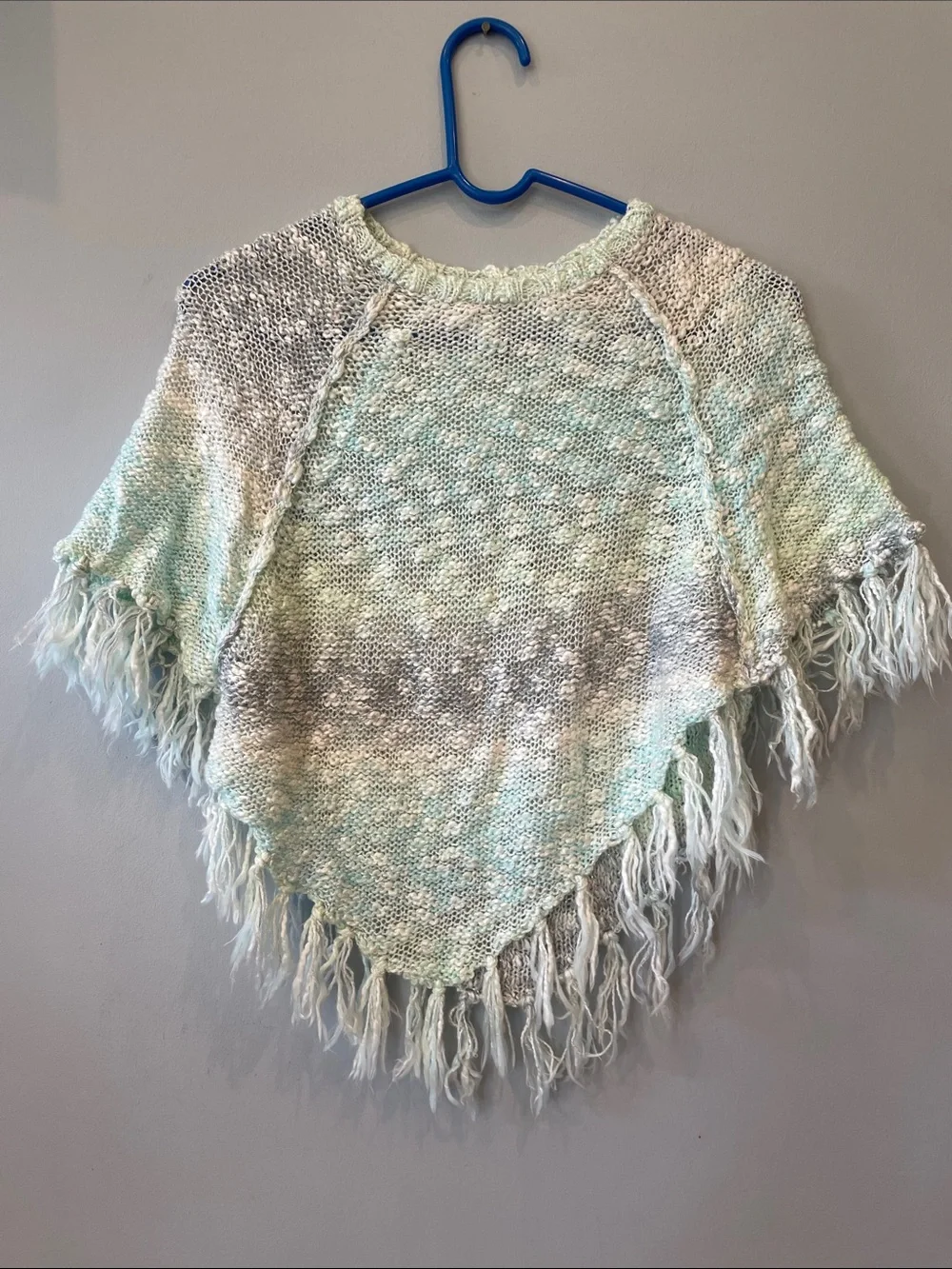 Fringed Knit Poncho  Sweater in Pastel Mint and Cream justice medium